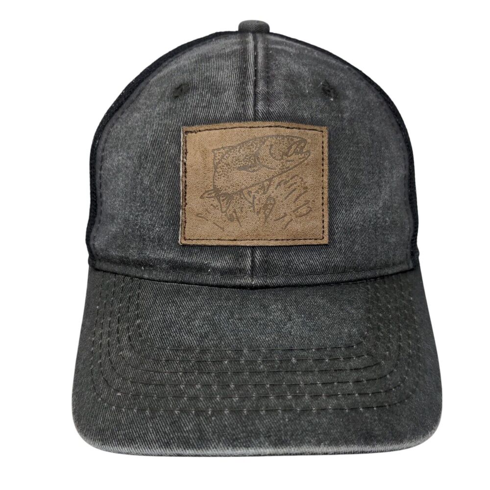 Fish Leather Patch Snapback Mesh Back Trucker Hat… - image 1